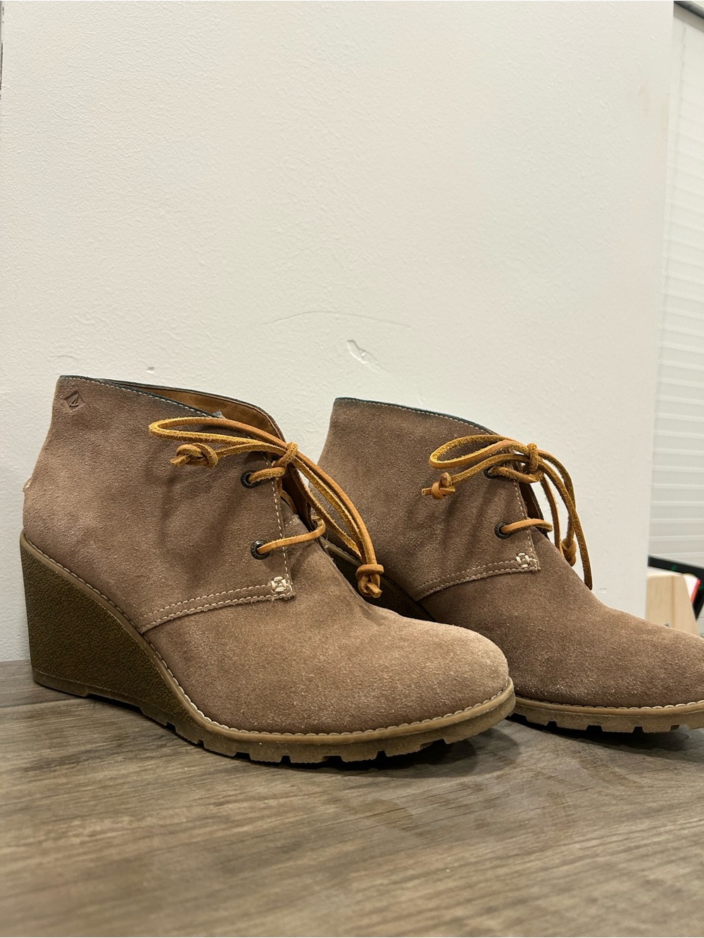 SPERRY Suede Wedge Ankle Booties in Taupe with Lace-Up Detail